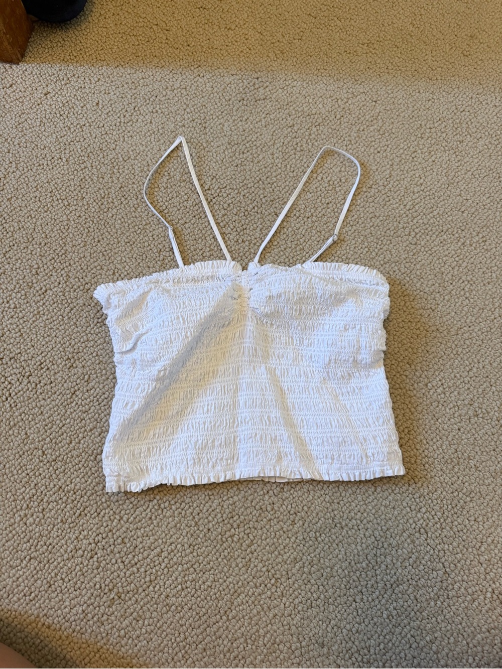 Madewell White Smocked Spaghetti-Strap Crop Tank